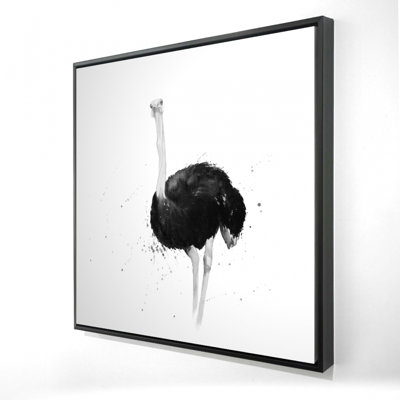 Autruche à l'aquarelle | Oiseau gris, décor exotique sur toile encadrée
