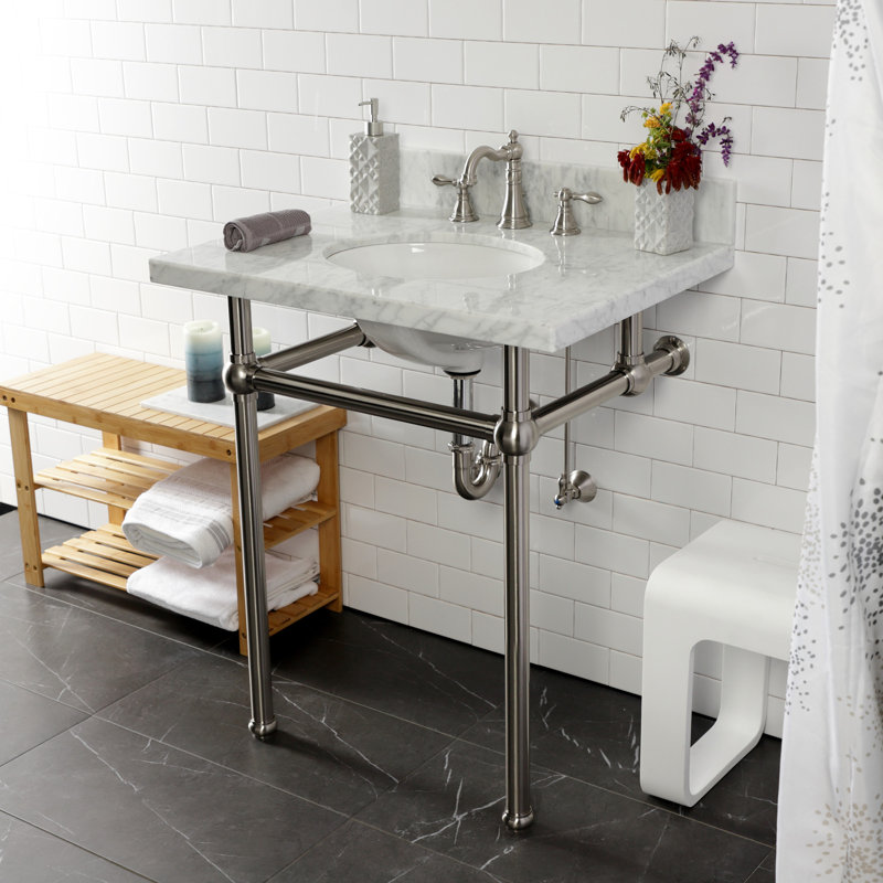 Kingston Brass American Classic Two-Handle 3-Hole Deck Mount Widespread Bathroom Faucet with Pop-Up Drain, Brushed Nickel