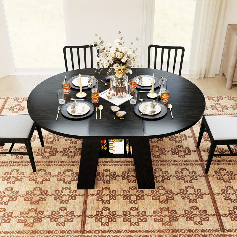 Table de salle à manger extensible ronde pour 4 à 8 personnes, table de cuisine avec feuilles amovibles et tablette, Noir