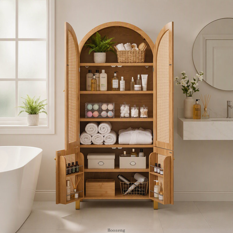Armoire arquée 71 pouces à 4 portes avec portes en rotin, tablettes réglables et supports intégrés, chêne, Oak