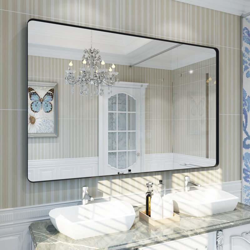 Lesamuel Filleted Corner Wall Mounted Bathroom and Vanity Mirror with Aluminum Frame, Black, Rectangle, 36" x 55"