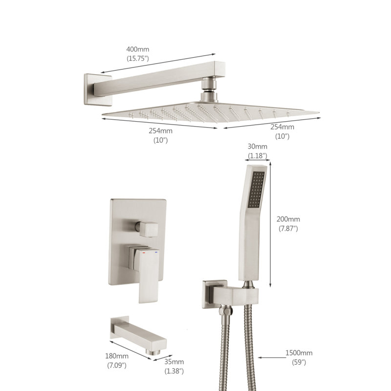 Brushed Nickel Shower System 10 Inch Brass Bathroom Deluxe Rain Mixed Shower Combination Set Wall Mounted Rain Shower Head System Shower Faucet