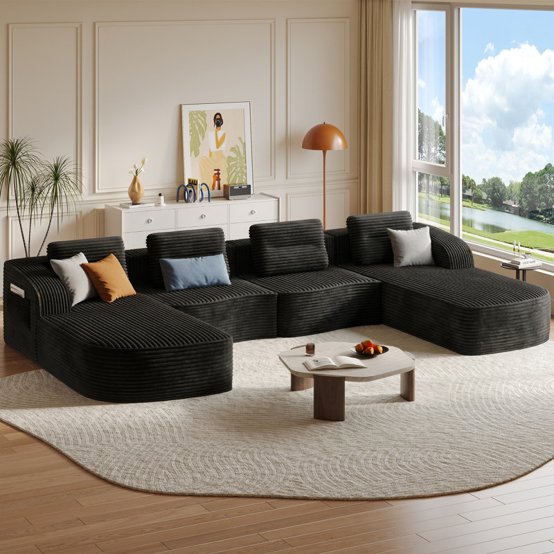 Canapé modulaire surdimensionné en U de 148,8 pouces de largeur avec onde surélevée en tissu rayé de 148,8 pouces, Noir