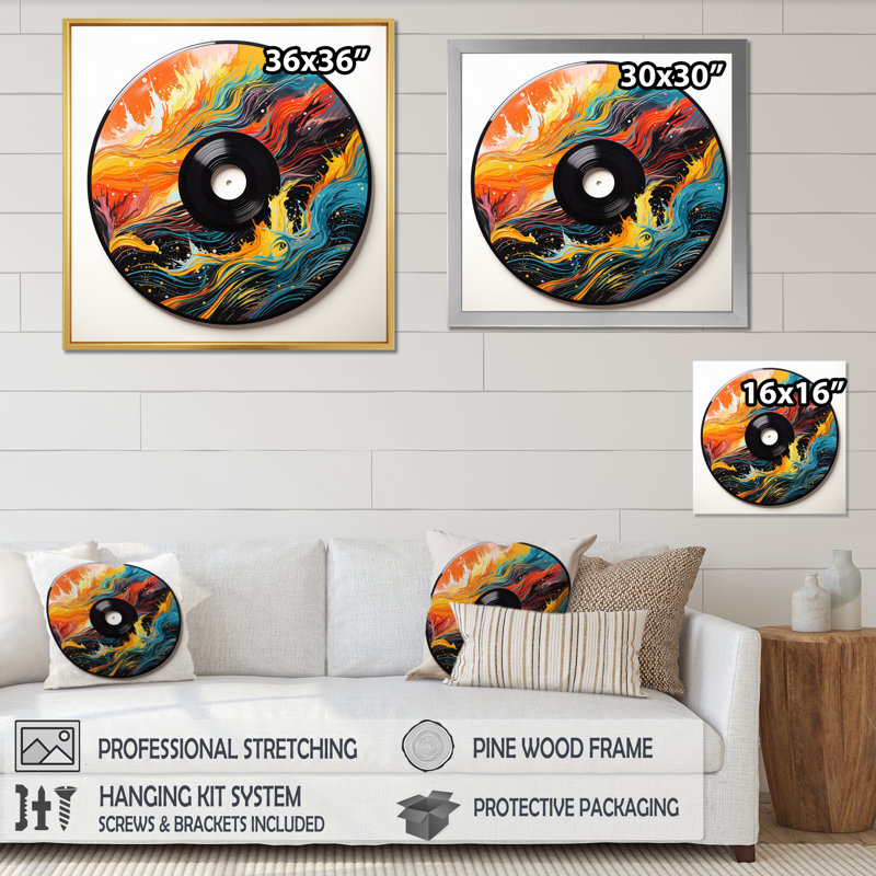 Vinyle disque vinyle vibrations - musique art mural salon, Toile tendue, H 30 po x l 30 po x P 1 po