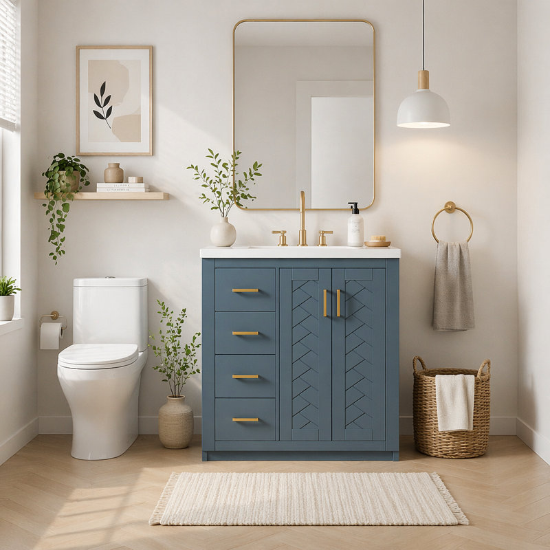 30 Inch Solid Wood Frame Bathroom Vanity With Ceramic Sink, 3 Drawers And Soft Closing Doors For Efficient Storage, Blue
