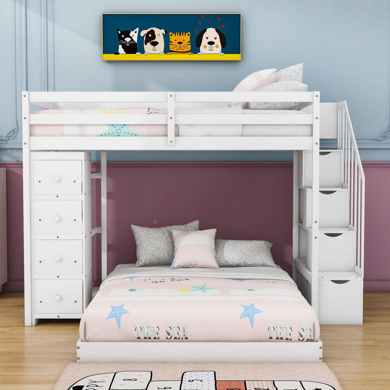 Nyora Twin Over Full Bunk Bed with Built-In Stairs, White