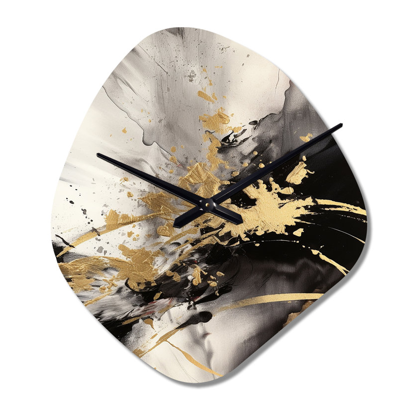 Or et gris fluides Fusion II - horloge murale abstraite de forme unique en métal, impression d'horloge murale asymétrique moderne