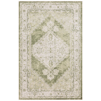 Haydel Oriental Machine Washable Power Loom Polyester Area Rug in Ivory/Green