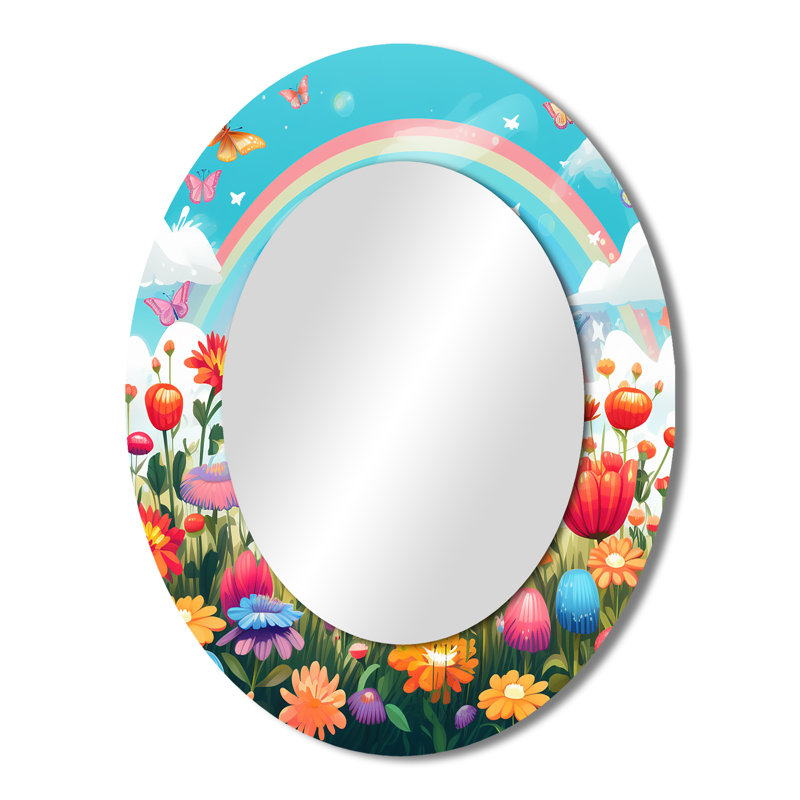 Mauve Butterfles Idyllic Rainbow Flowerfield - Miroir mural multicolore, 43" x 33"