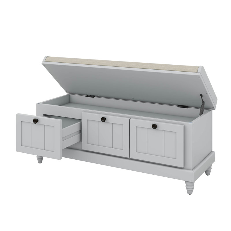 Banc à chaussures avec coussin et trois tiroirs, banc de rangement avec compartiment de rangement caché, banc d'entrée cannelé avec rangement
