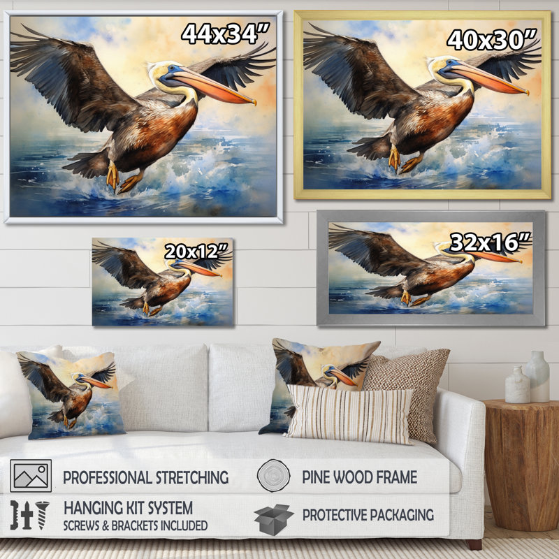 Majestic Pelican Seabird II - Pelican, art mural, H 12 po x l 20 po x P 1 po, Cadre flottant blanc