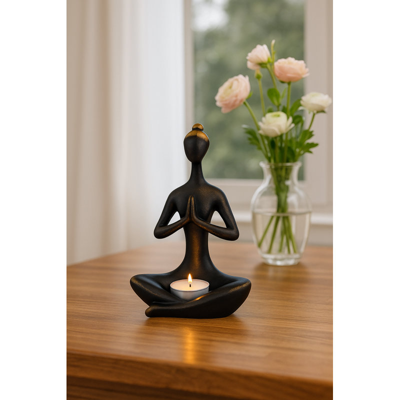 Yoga Woman Namaste Pose Candle Holder – Black Gold, Polystone, Handmade