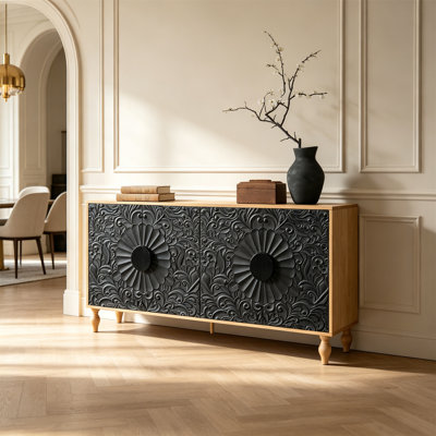 Vintage Carved Symmetrical Door Sideboard Cabinet With Wood Frame