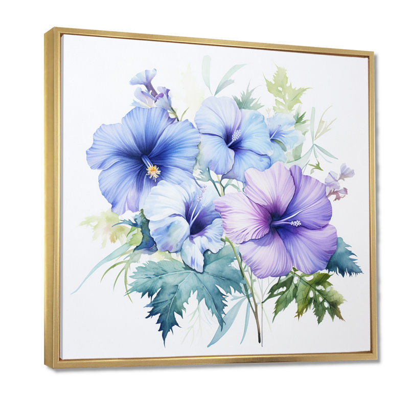 Mauve et bleu, impression d'hibiscus aquarelle - Hibiscus, Toile avec cadre flottant or, H 36 po x l 36 po x P 1,5 po