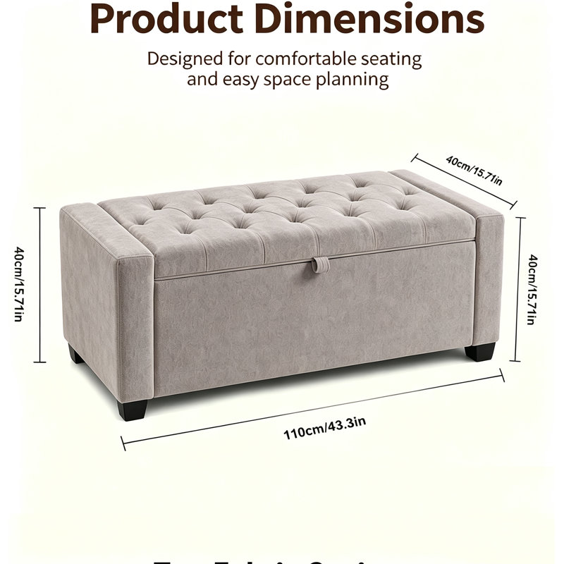 Banc de rangement, bancs de rangement en bout de lit, banc de repose-pieds rembourré en tissu chenille avec charnière de sécurité