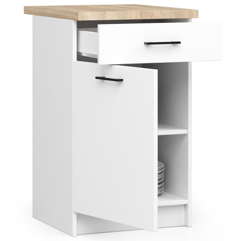 The kitchen base cabinet is white Base Unit, 85cm H x 40cm W x 46cm D
