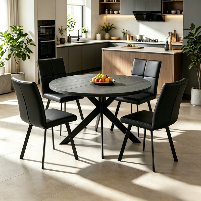 45.3"  Round Dining Table Set For 4, Extendable Wood Table With Faux Leather Chairs, Modern Kitchen Dining Room Set, Black