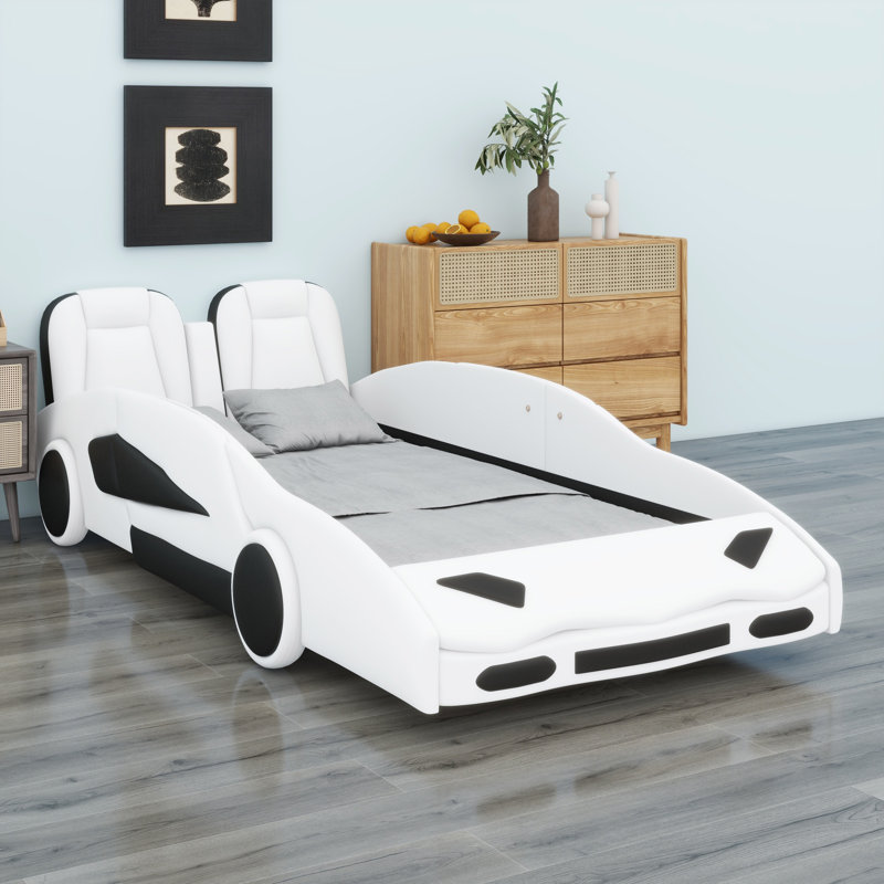 Race Car-Shaped Platform Bed With Wheels, White