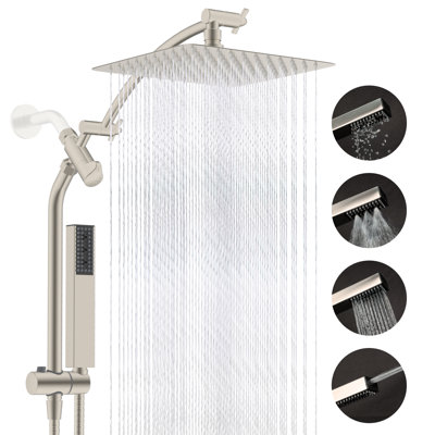 2-in-1 Shower Head Combo – 10" Rainfall Head & 4-Mode Handheld Sprayer with 12" Adjustable Extension Arm, 71" Stainless Steel Hose & Easy-Reach Holder, Chrome
