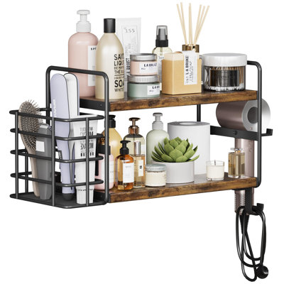 3-In-1 Wall Mounted Hair Dryer Holder With 2 Tier Shelves & Detachable Basket, Rust-Resistant