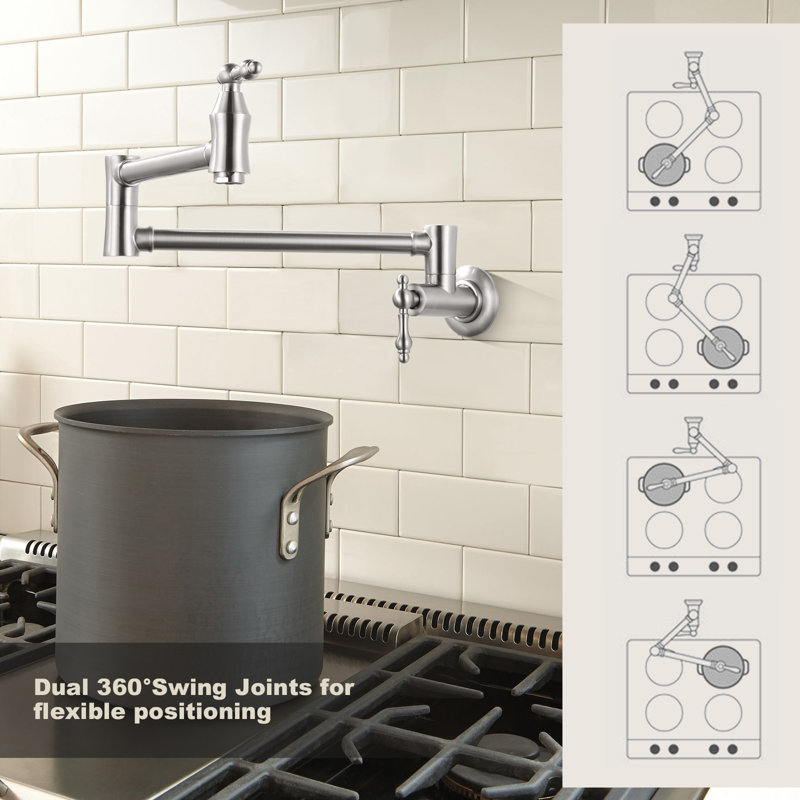 Brushed Nickel Wall Mounted Double Handle Pot Filler Faucet