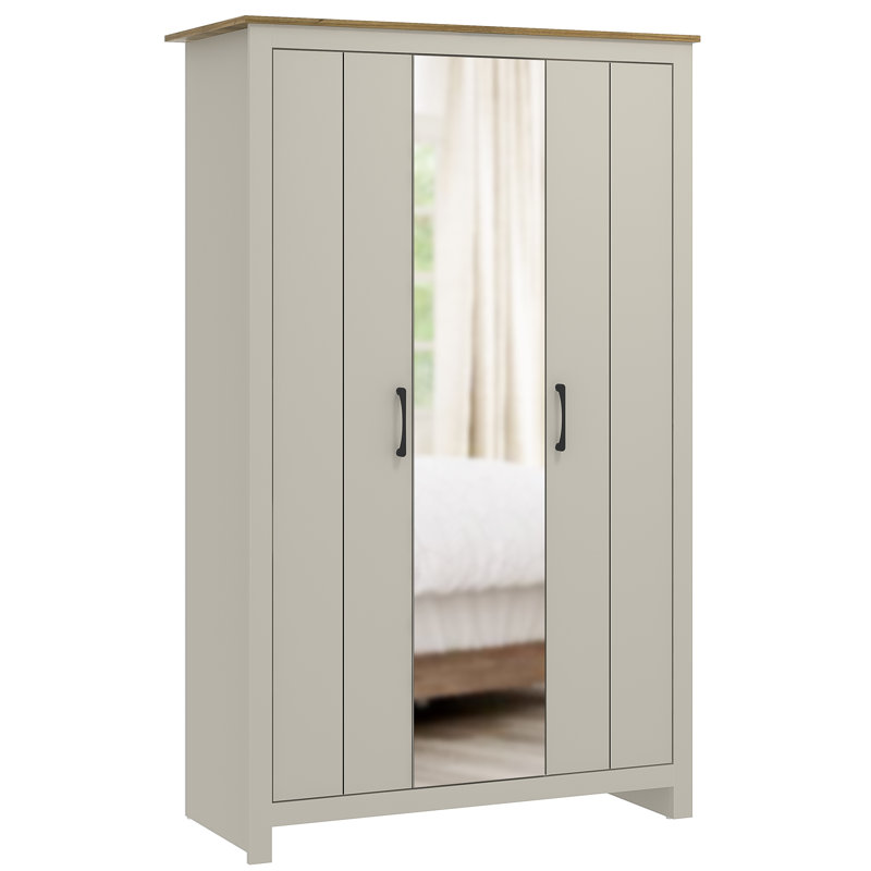 Brayden Studio 3 Door Wardrobe with Mirror, Light Grey/Reviera Eichi