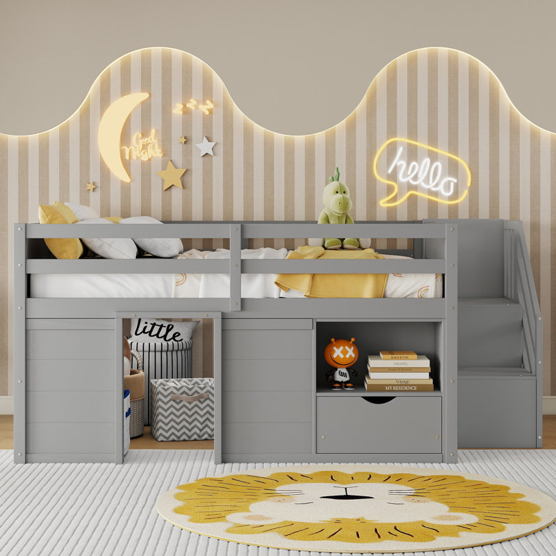 Lit mezzanine bas avec escalier intégré, tiroir de rangement et tablette TimberNook, Gris