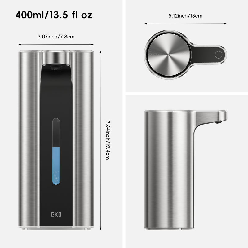 Distributeur de savon liquide automatique sans contact 13,5 oz liq. EKO Aroma Pro, distributeur de savon à mains et à vaisselle rechargeable pour la salle de bain et la cuisine, contrôle de volume réglable et imperméable (acier inoxydable)