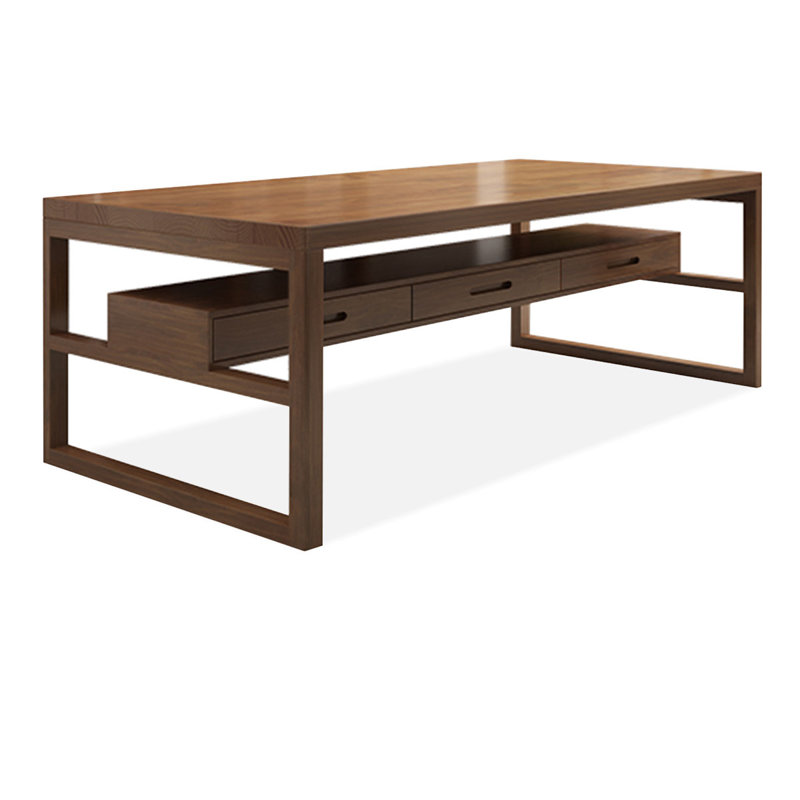 Bureau rectangulaire brun en bois massif avec 3 tiroirs, H 29,53 po x l 86,61 po x P 35,43 po