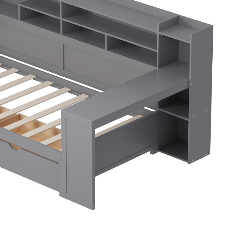 Multifunctional Wooden Twin Size Bed With Storage And Workspace, Modern Design For Small Bedrooms