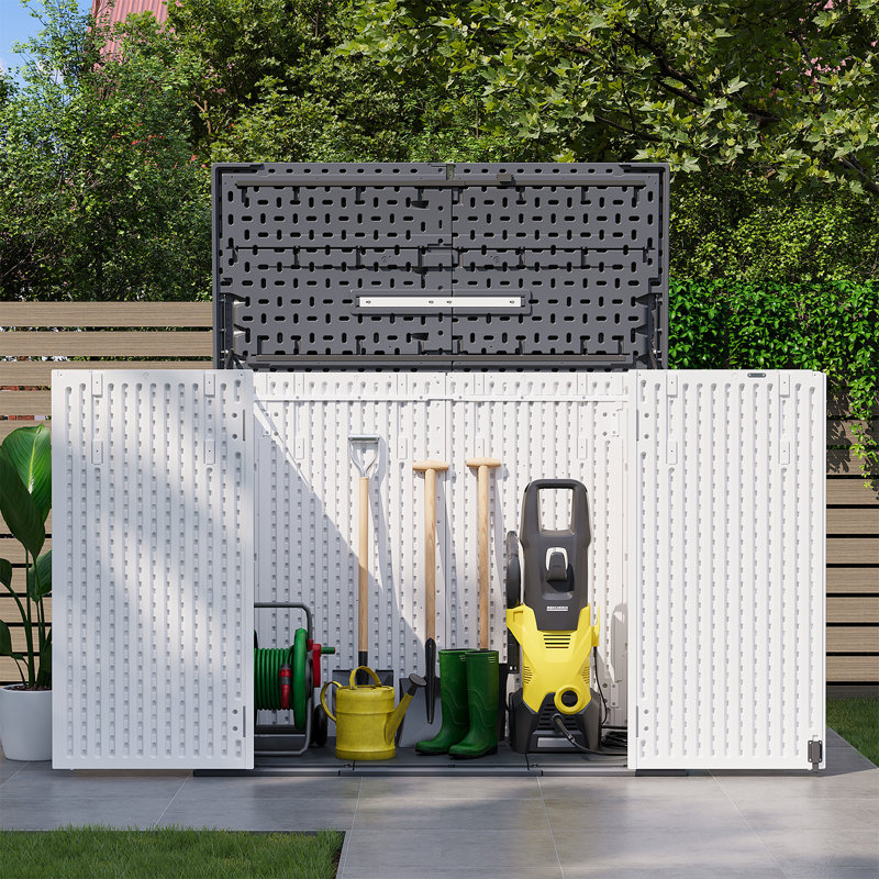56''W 100 Gallons Outdoor Resin Horizontal Storage Shed With Floor, Lockable Weather-Resistant Cabinet Deck Box For Yard Tools And Garden Patio Furniture