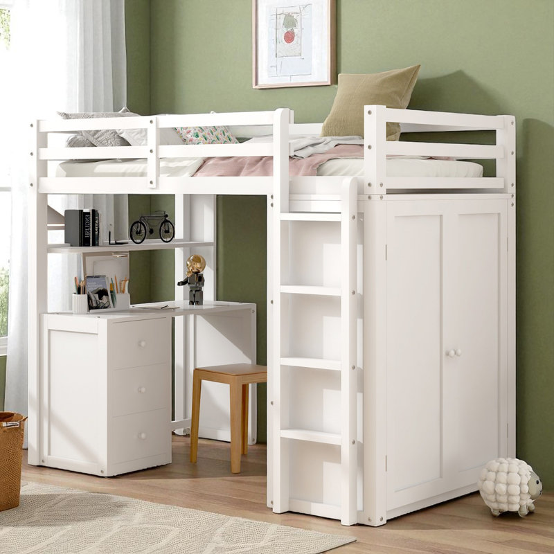 Lit mezzanine avec bureau intégré et garde-robe, Simple, Blanc