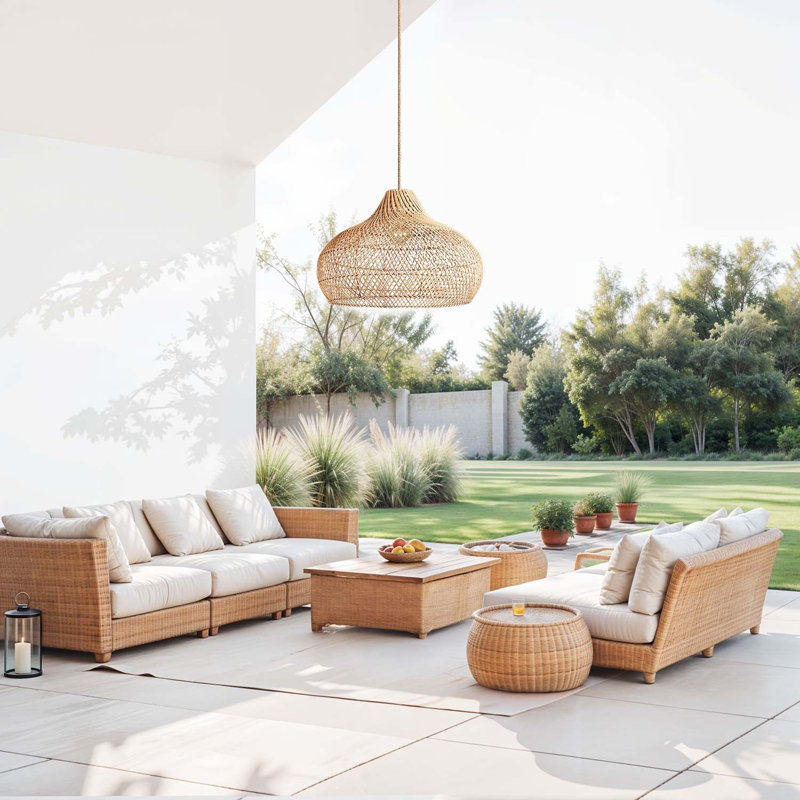 Kloe Outdoor Rattan Pendant Light - 28" Natural Brown Dome 1-Light Polished Handwoven Adjustable Light Fixture For Covered Patio, Porch in Modern, Traditional, Boho & Coastal Style