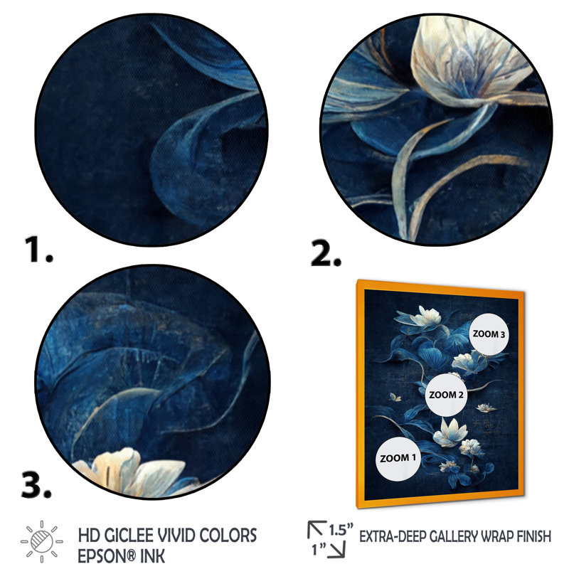 Fleurs chinoises bleues et blanches IV - Art mural floral, Toile avec cadre doré, H 40 po x l 30 po x P 1,5 po