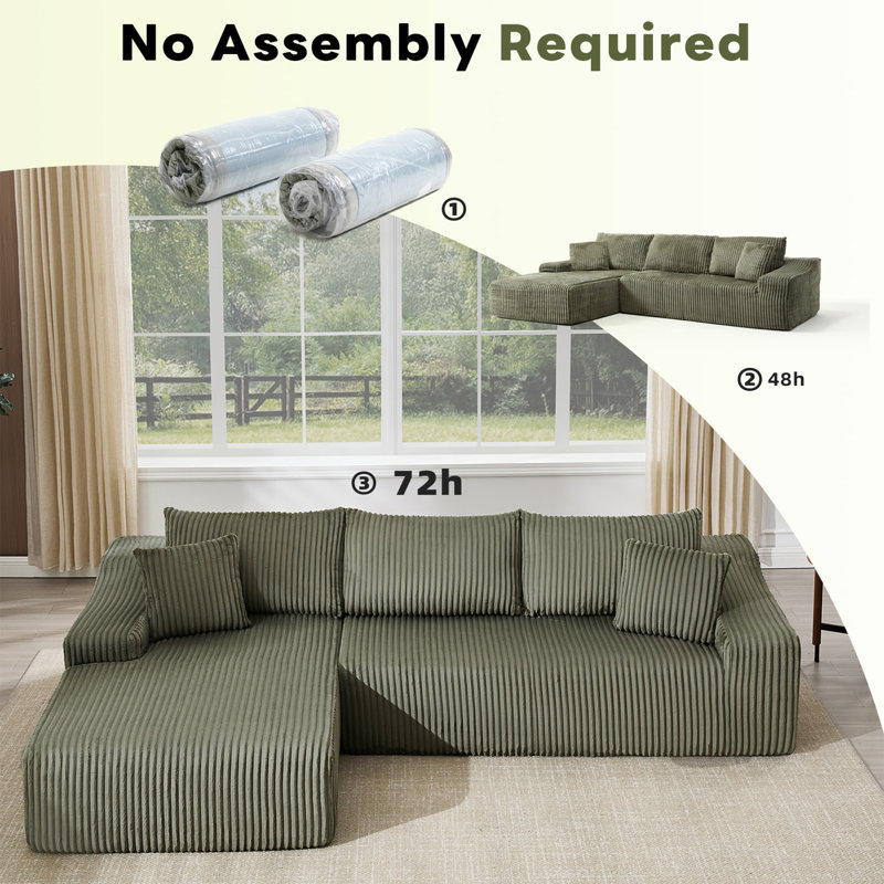 108" Plush Boneless Corduroy Modular Sectional Sofa, Spacious L-Shaped Couch For Cozy Living Spaces, Left Hand Facing, Green