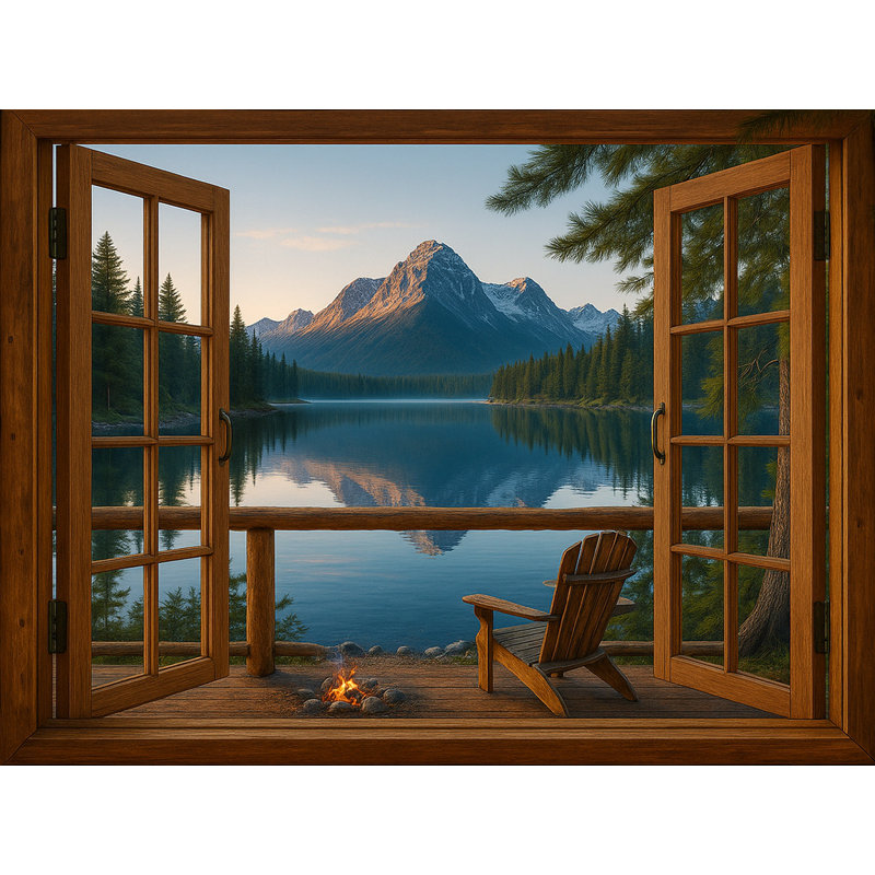 Fireside Serenity - vue sur le lac de montagne par la fenêtre de la cabine, H 36 po x l 48 po