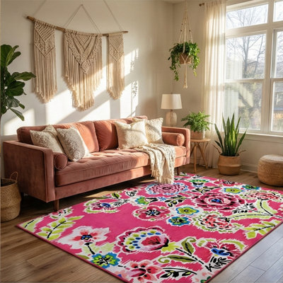 Zeshaun Vibrant Floral Bloom Pink & Multi-Color Washable Area Rug