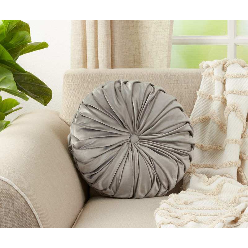 Gray Round Velvet Pintucked Throw Pillow