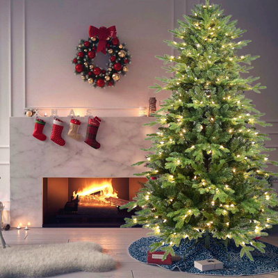 Arbre de Noël vert en PVC + PE avec lumières Ul blanc chaud, branches à charnières, aiguilles réalistes, support en métal robuste, assemblage facile