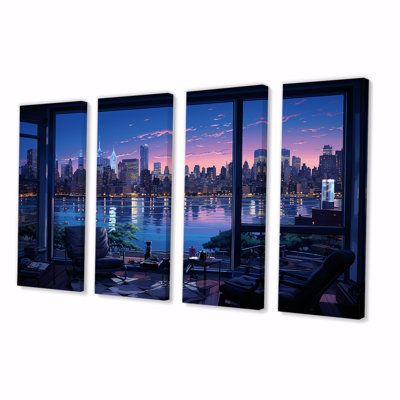 Blue Nyc At Night Window View III - New York City 4 Piece Wall Art Decor