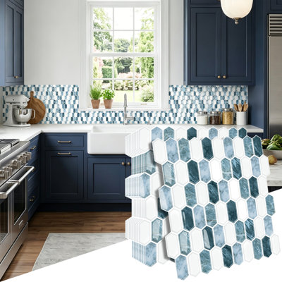 11.8" × 11.8" Blue Gray Marble & White Glossy Picket Mosaic Peel and Stick Backsplash Tile, Waterproof Self-Adhesive PVC Wall Tile for Kitchen & Bathroom, 2 mm Thick, Covers 9.7 sq. ft.