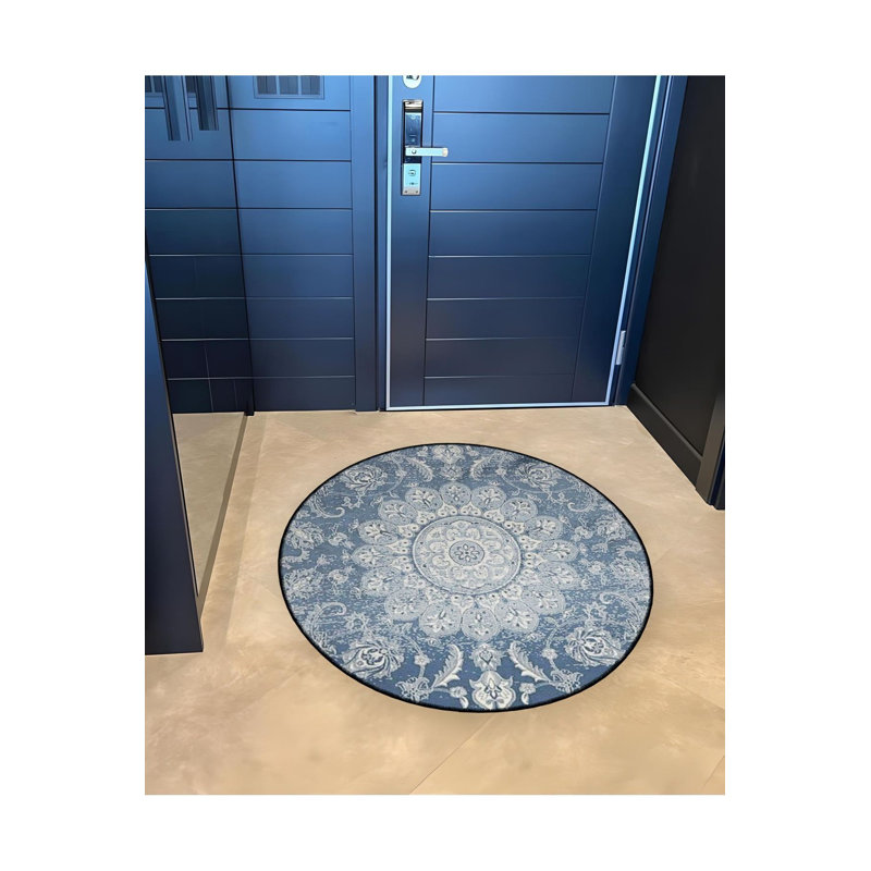 Tapis lavable décoratif bleu à motif rond traditionnel, Sous-tapis rond 3 pi 3 po inclus