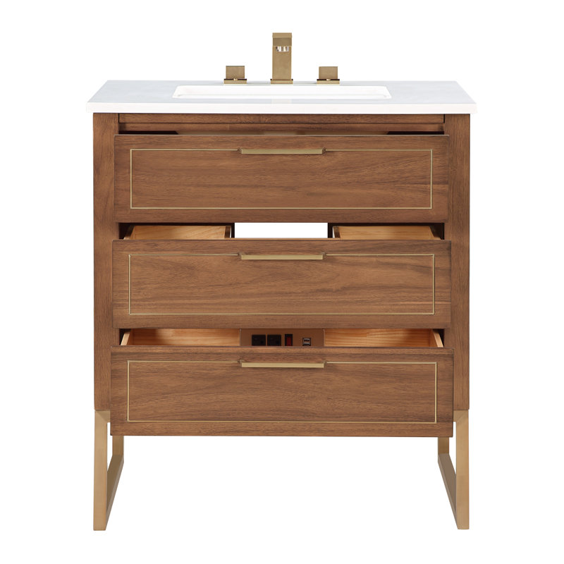 Markham 30'' W Single Vanity, White Quartz, Walnut, Satin Brass