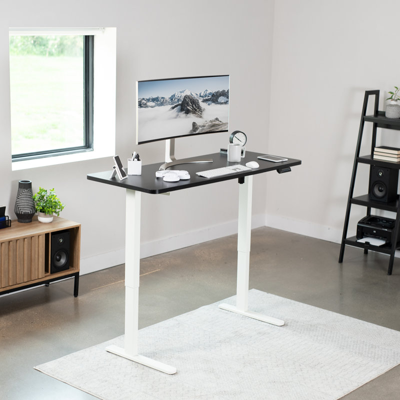 White and Black Adjustable Height Electric Standing Desk with Wood Top