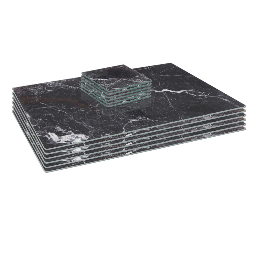 Rinkit.com Black Marble 12Pc Rectangle Glass Placemats & Square Coasters Set - 40Cm X 30Cm - Marble - Image 4