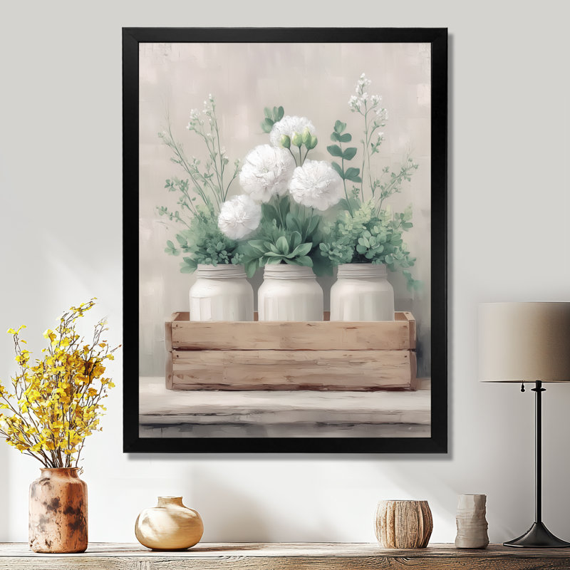 «Rustic Farmhouse Peony», reproduction d'art sur toile, décoration murale ferme blanche, Cadre photo unique, Noir