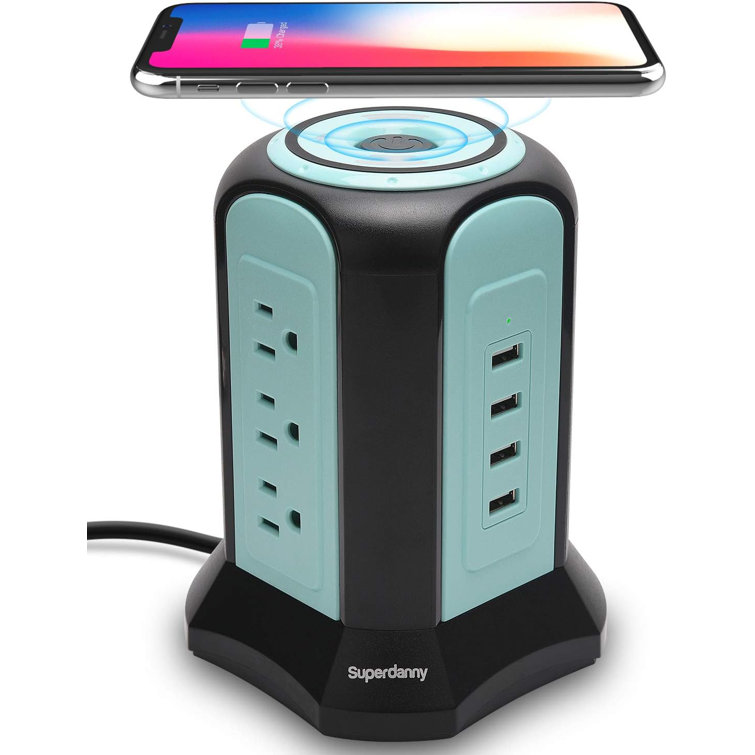 SUPERDANNY Power Strip Tower Wireless Surge Protector 10A Charger Station 9  Outlets 4 USB Ports Extension 10ft