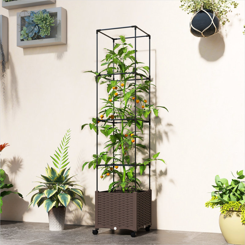 Lit de jardin surélevé roulant avec treillis et jardinière à arrosage automatique, métal brun ton de bois, carré 15,7