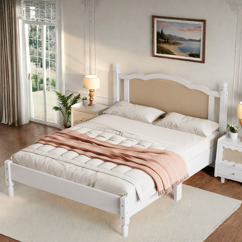 Queen White Pine Wood Platform Bed with Rattan Headboard