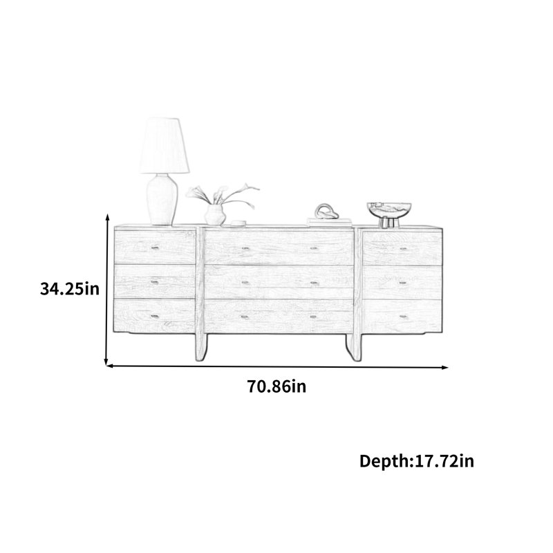 Buffet 9 tiroirs de style médiéval, H 34,25 po x l 70,86 po x P 17,72 po